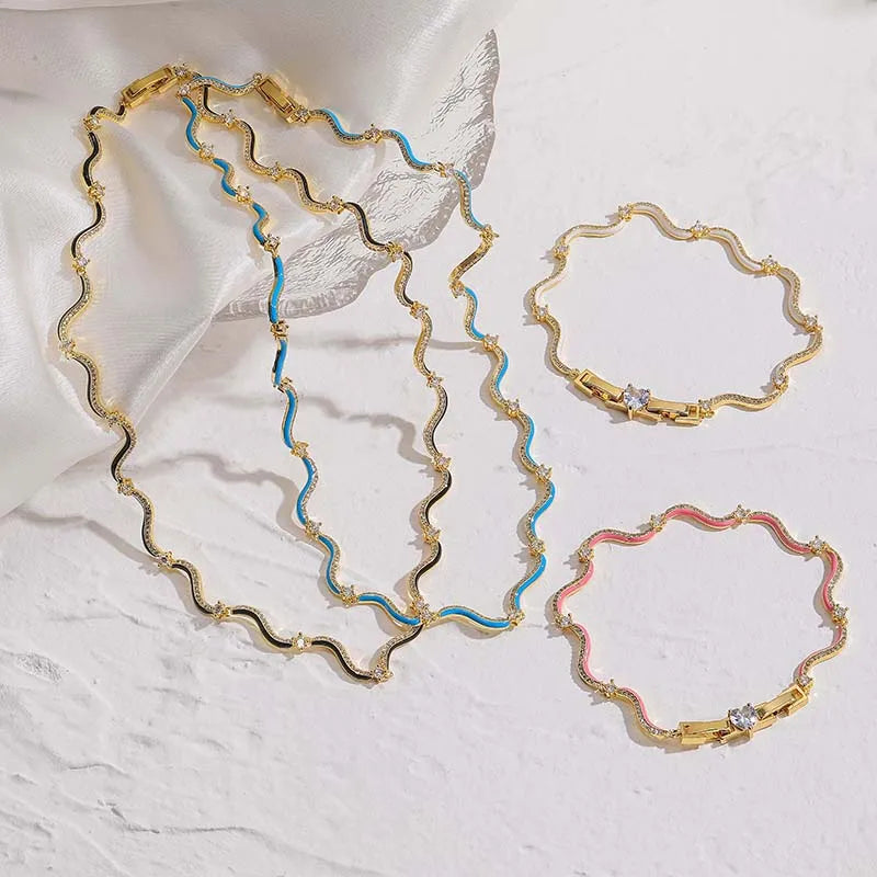18K Gold Plated Fashion Enamel Chains Necklace Bracelet Jewelry Sets Brass Chain Wave Multicolor Women Wholesale Wedding Gifts