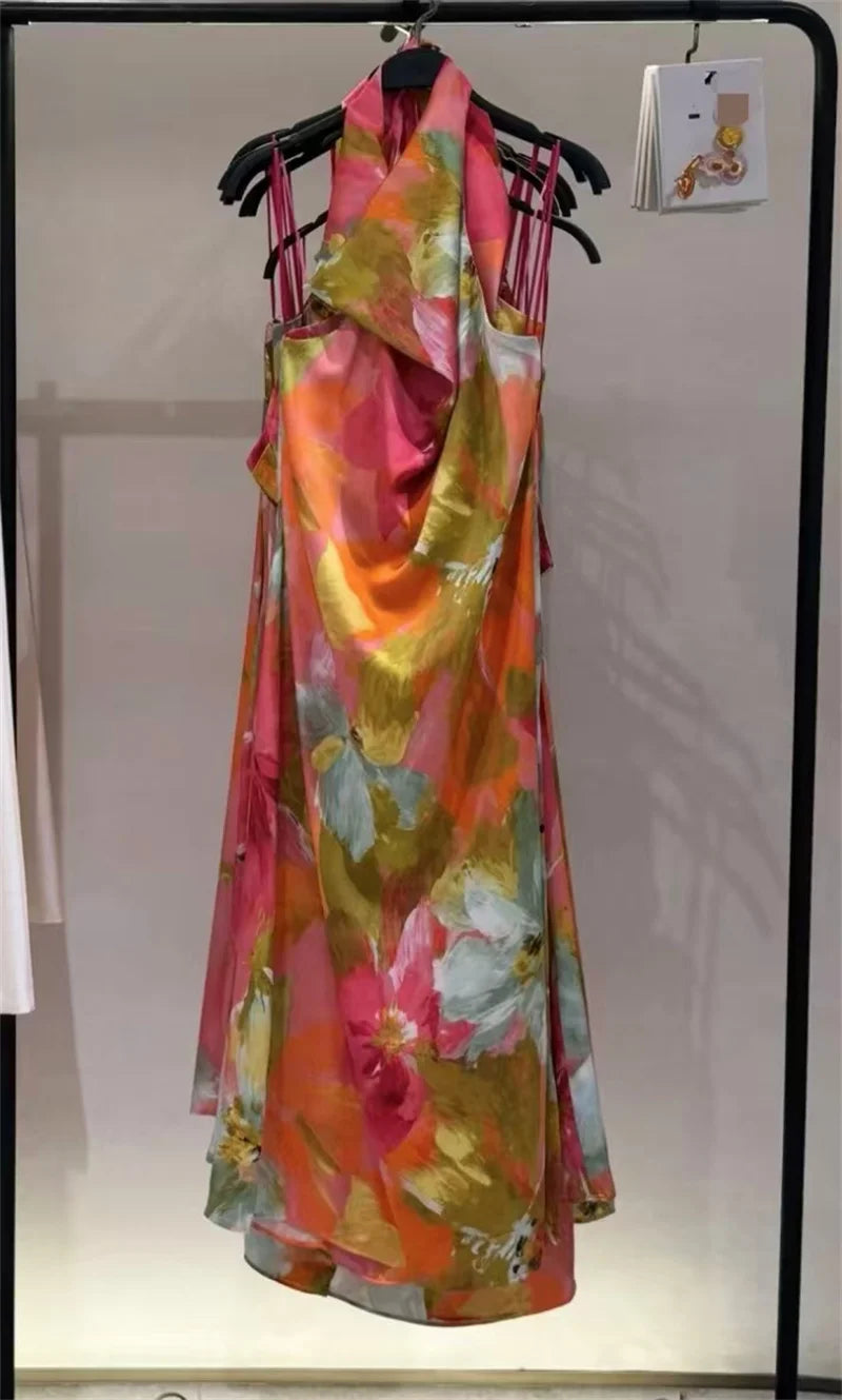 Women's Dress 2026 Summer New Style Printed Halter Neck Satin Texture Long Dress Beach Vacation Elegant and Graceful