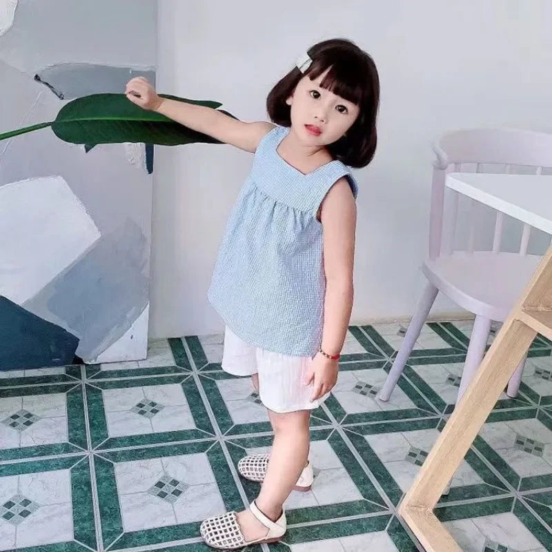 Girls Clothes Sets Summer Kids Casual Clothing for Girls Checked Straps+White Shorts Children's Baby Girl Outfit