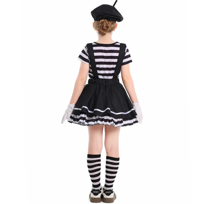Halloween Burlesque Girls Stage Performance Costume June 1 Pantomime Actor Clown Pantomime Outfits Top+Strappy skirt+Hat+Gloves