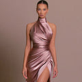 Women Dress Elegant Long Dresses Party Night Dress Women Dresses Woman Female Stand Collar Hanging Neck Sexy Slim Fit Slit