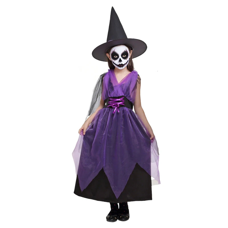 Halloween Costume for Kids Girls Purple Bat Dress Halloween Fantasy Vampire Costume Witch Cosplay Clothes Carnival Party Gifts