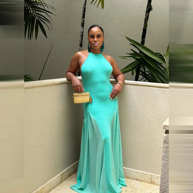 Women's Halter Neck Open Back Maxi Dress Ribbed Knit Top Flowy Chiffon Hem Bodycon Female Summer Evening Vacation Party Dress