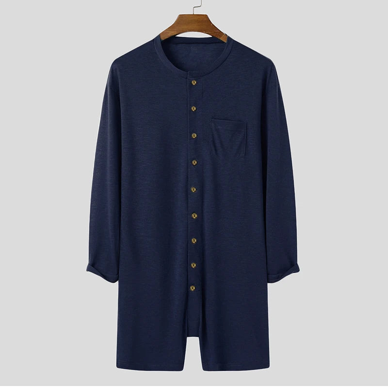 New Men Sexy Pajamas Jumpsuit Solid Color Tight O Neck Long Sleeve T Shirt and Shorts One-piece Button-down Breathable Home Wear