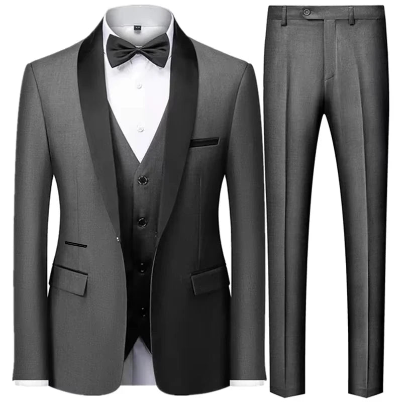 Men's 3 Piece Tuxedo Suit Set One Button Satin Shawl Lapel Slim Fit Blazer Vest Pants For Formal Business Wedding Groom