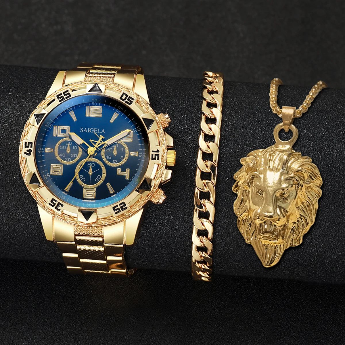 3PCS/Set Fashion Steel Band Men's Watches Arabic Dial Man Business Watches Jewelry Set Relogio Masculino（Box Not Included ）