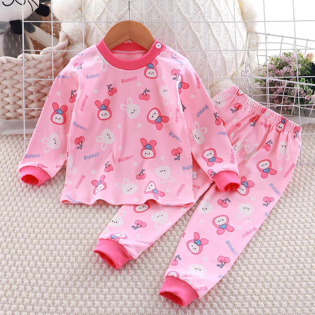 Pink Top Cartoon Design Long Sleeves Long Pants Kid Adorable Girl Pajama Set Children Cozy Night Sleep Unisex Baby Home Clothes
