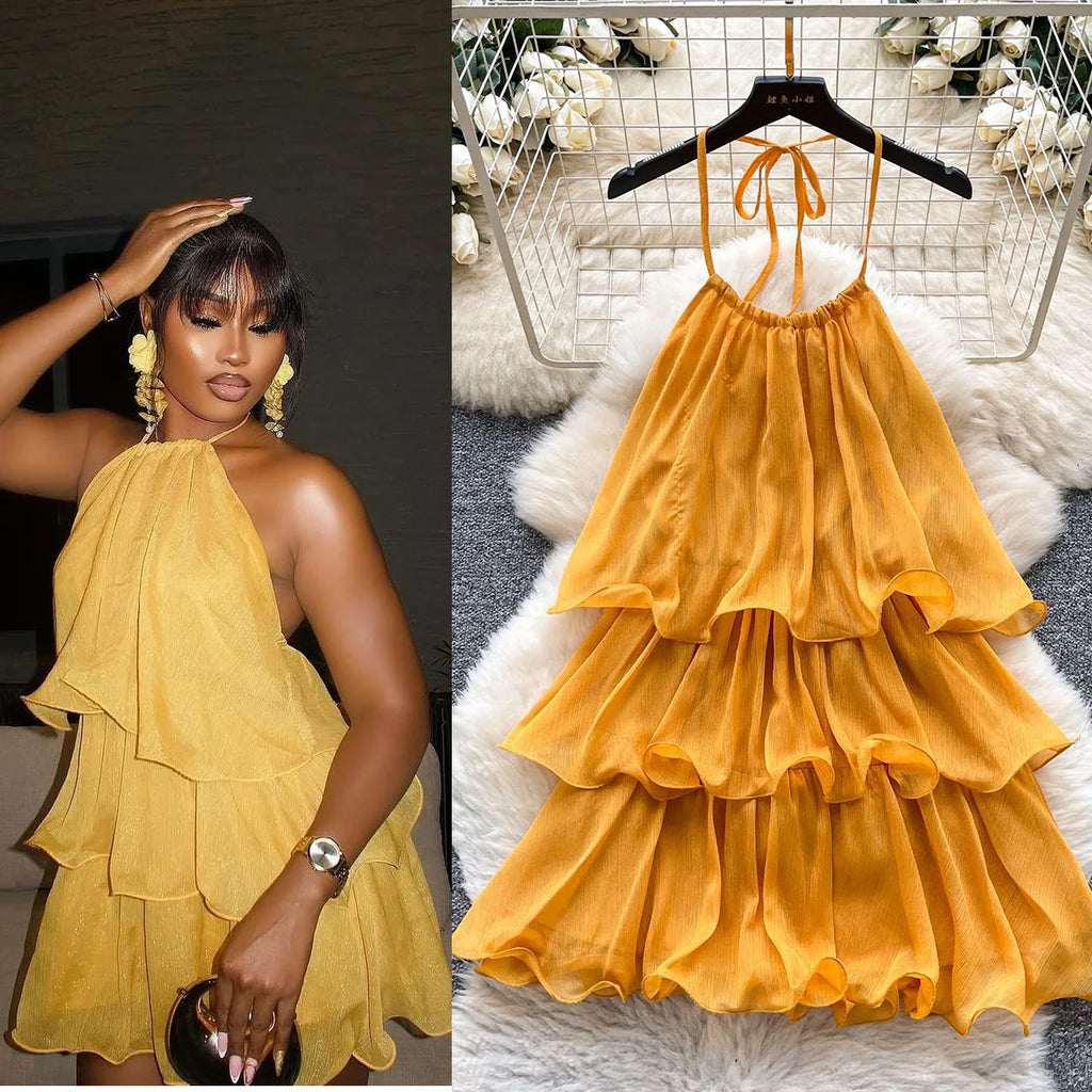 Short Dress Women Halter Cake Dresses A Line Vestidos Lace Up Elegant Splice Tierred Party Night Sweet Beach Y2k Streetwear 2026