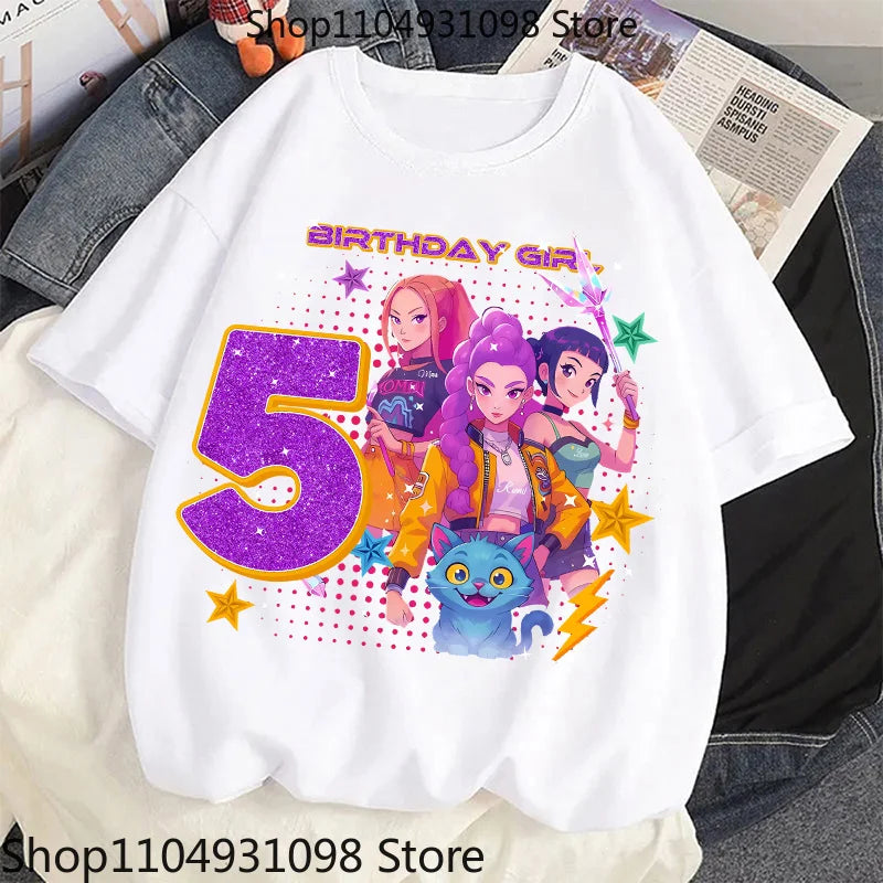 Cute Hunter Theme Girls T-Shirt Kids Music Fan Cartoon Print Birthday Tee Summer Casual Top