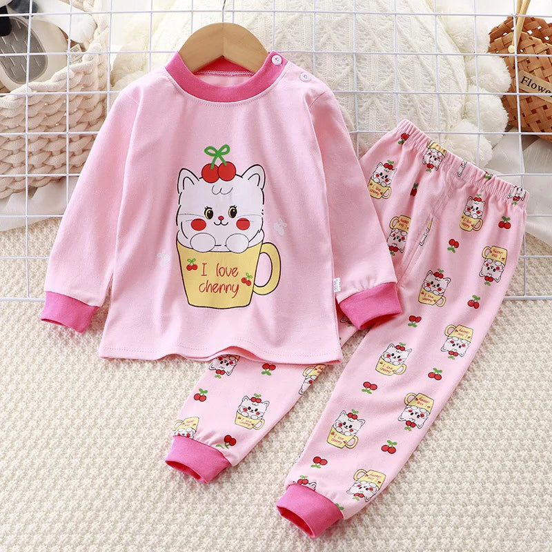 Pink Top Cartoon Design Long Sleeves Long Pants Kid Adorable Girl Pajama Set Children Cozy Night Sleep Unisex Baby Home Clothes