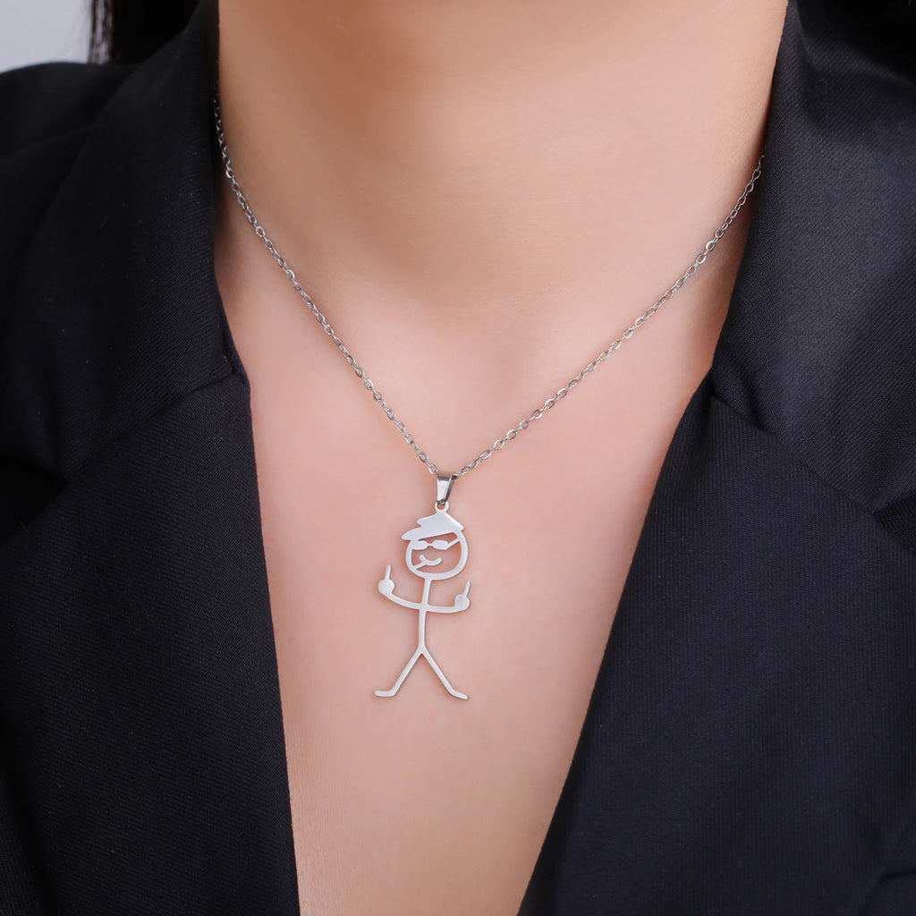 Funny Necklace for Men Woman Doodle Stickman Middle Finger Pendant Gold Color Stainless Steel Jewelry Rock Punk Chain Accessorie