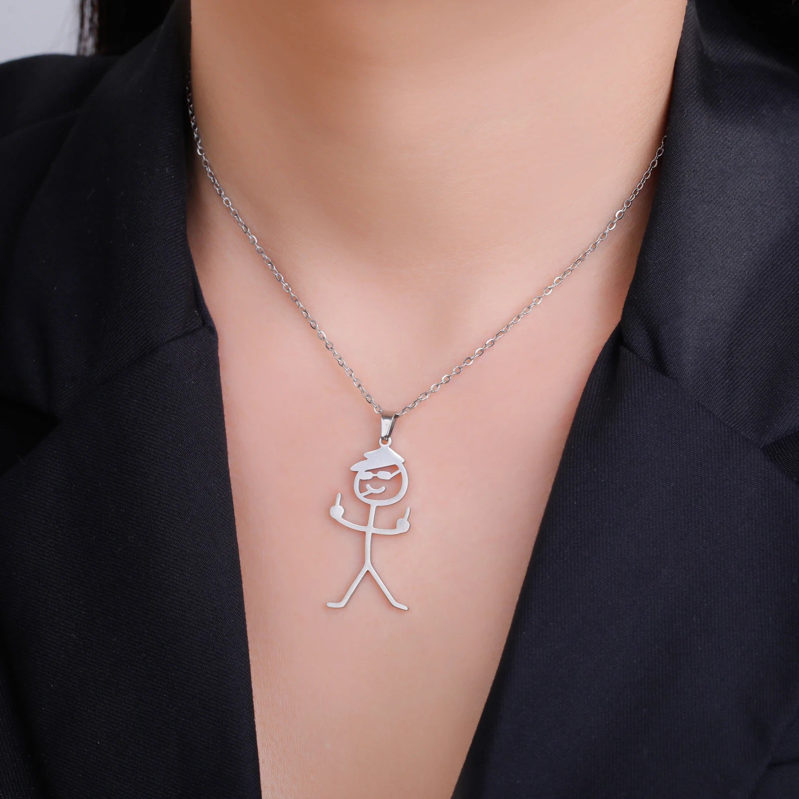 Funny Necklace for Men Woman Doodle Stickman Middle Finger Pendant Gold Color Stainless Steel Jewelry Rock Punk Chain Accessorie