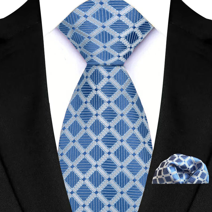 Men's Ties Set Luxury Floral Plaid Solid Light Blue Ties Business Party Formal Necktie Pocket Square Set Suits Accessory Gift
