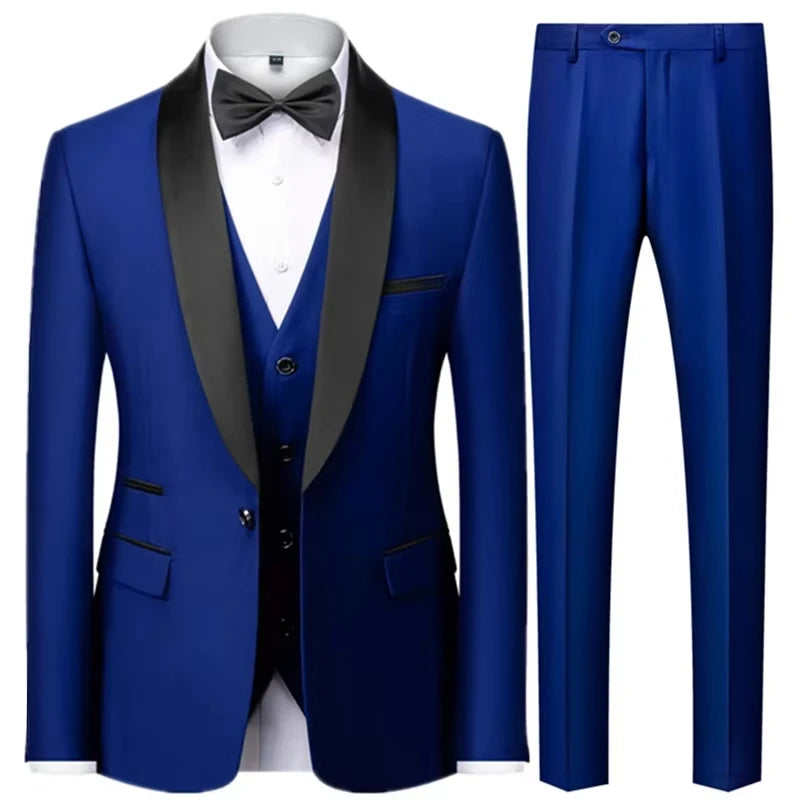 Men's 3 Piece Tuxedo Suit Set One Button Satin Shawl Lapel Slim Fit Blazer Vest Pants For Formal Business Wedding Groom