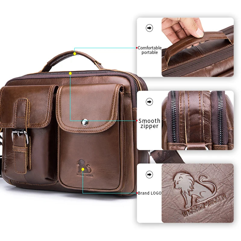 Men's Genuine Leather Shoulder Bag, Retro Top Layer Cowhide Casual Crossbody Bag, Men's Square Bag