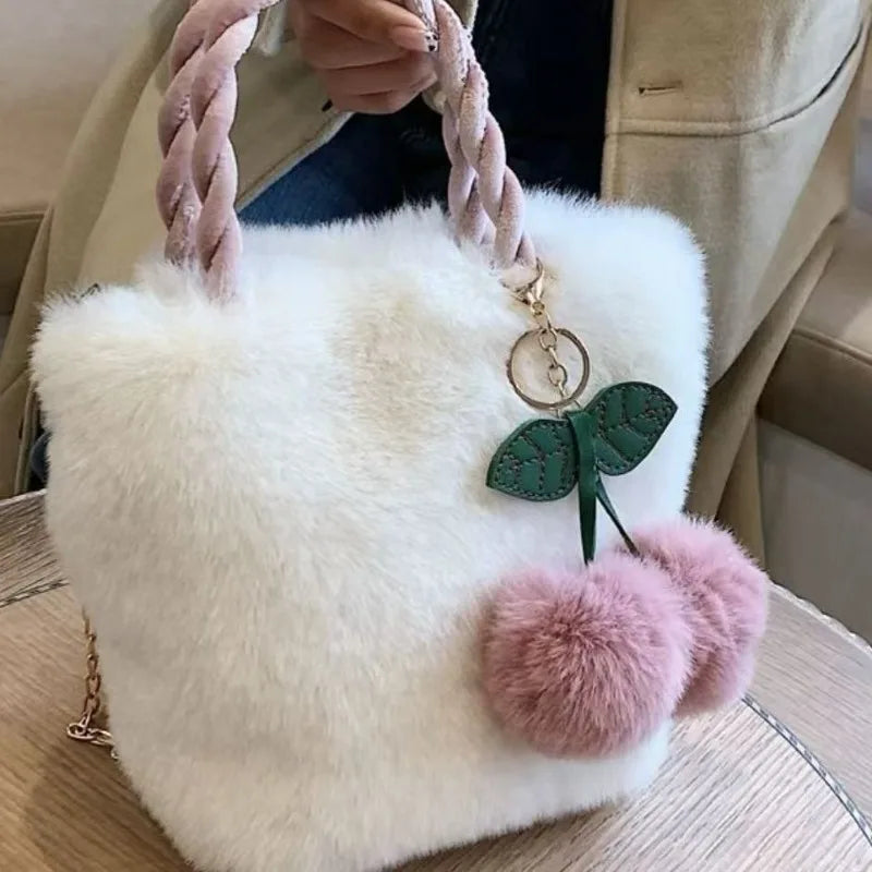Cute Cherry Girl Plush Handbag Women's New Autumn and Winter Furry Shoulder Messenger Bag Fashion Furry Small Bag