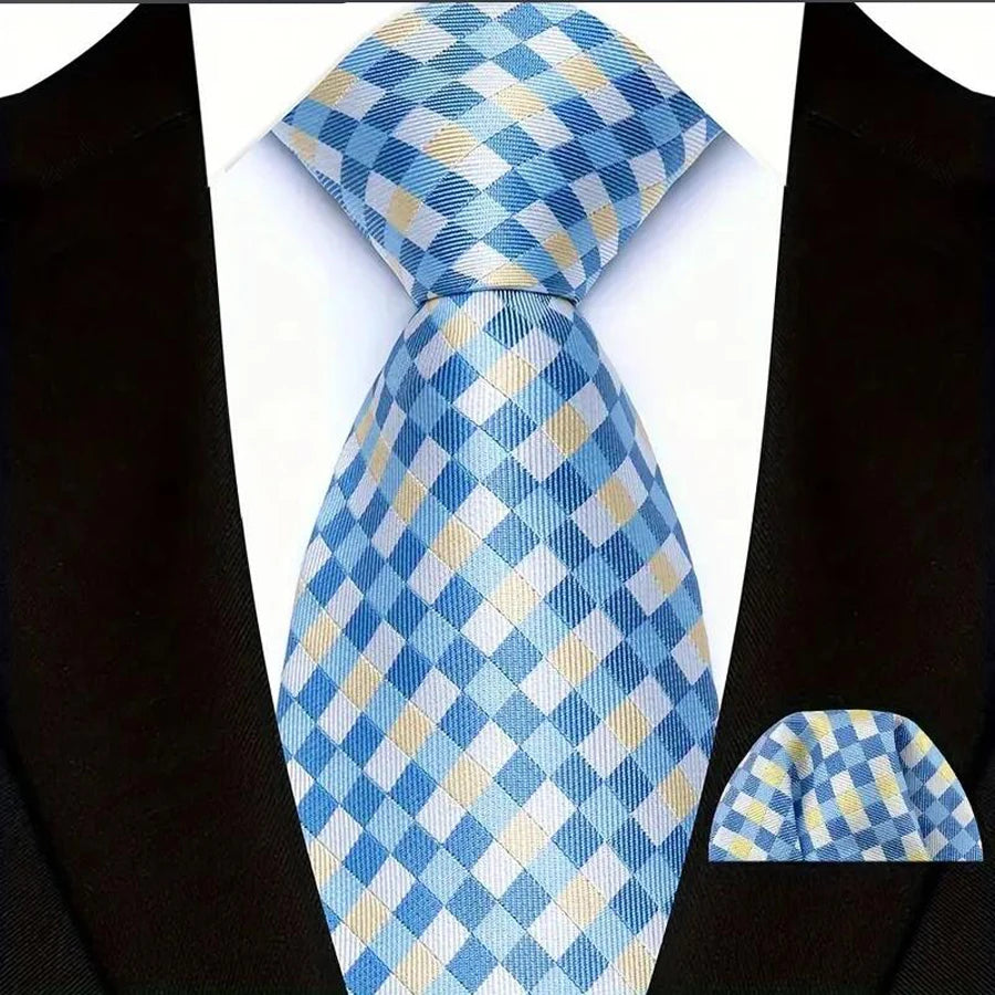 Men's Ties Set Luxury Floral Plaid Solid Light Blue Ties Business Party Formal Necktie Pocket Square Set Suits Accessory Gift