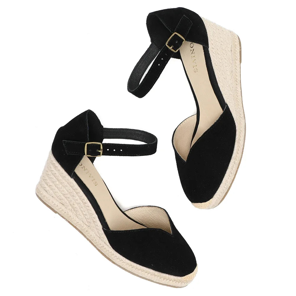 Wedge Heel Shoes Genuine Leather Women's Sandals with Ankle-wrap and 5-8cm  for Ladies