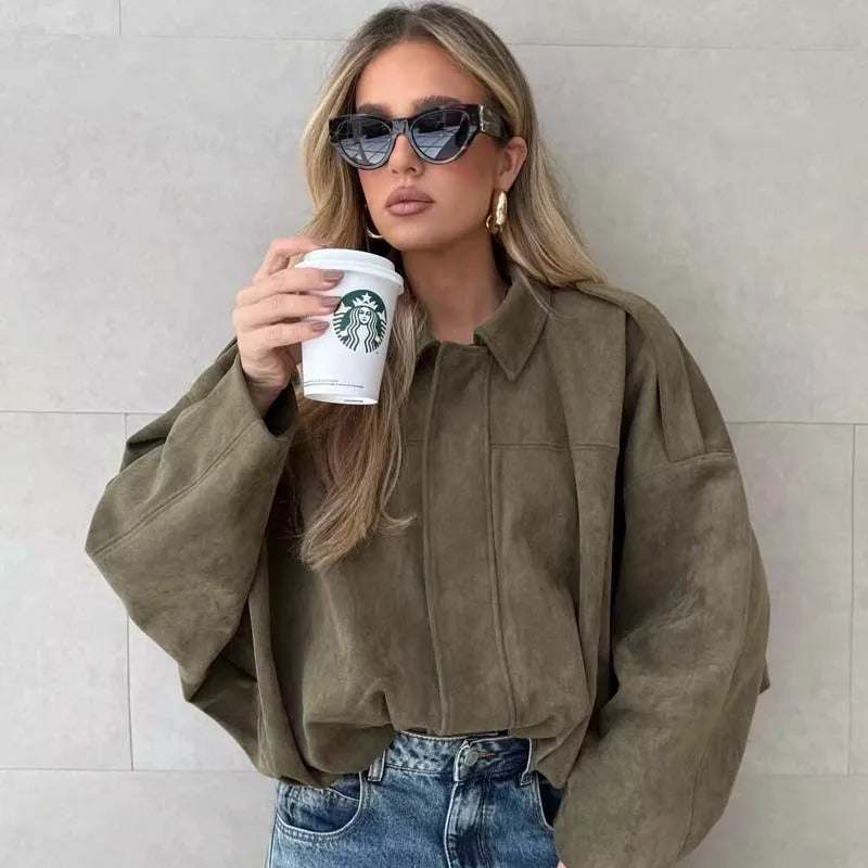 YENKYE New 2025 Women Suede Textured Jacket Long Sleeve Lapel Collar Loose Coats Casual Female Outerwear Chic Tops