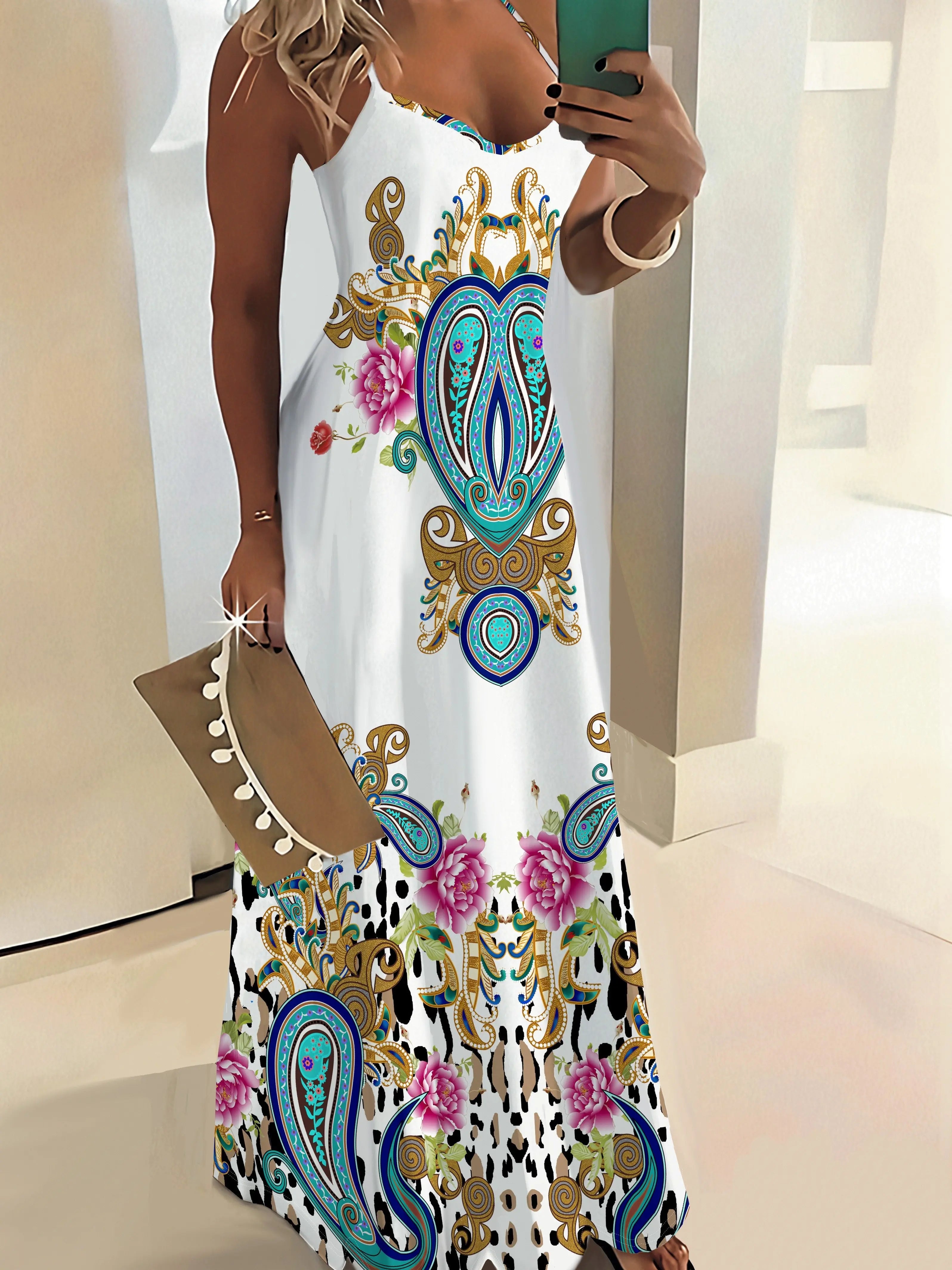 Vacation Dress for Women Floral Paisley Abstract Print Sleeveless Shift Dress Round Neck Summer Casual Maxi Dress Beach Party
