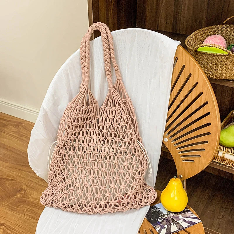 Summer Woven Bag for Women Handbags Handmade Knitted Beach Boho Shoulder Bag Large Tote Bag Hollow Out Shopping Bag