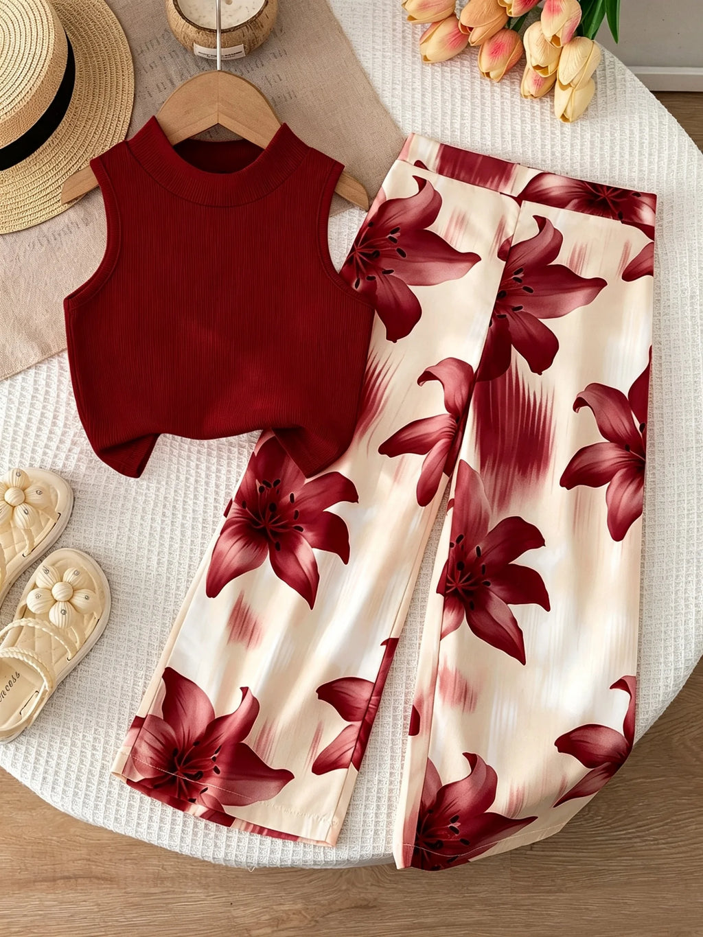 Girls' orange vacation-style two-piece set: a solid-color, ribbed, sleeveless mock-neck crop top paired with lily-print, flowy w