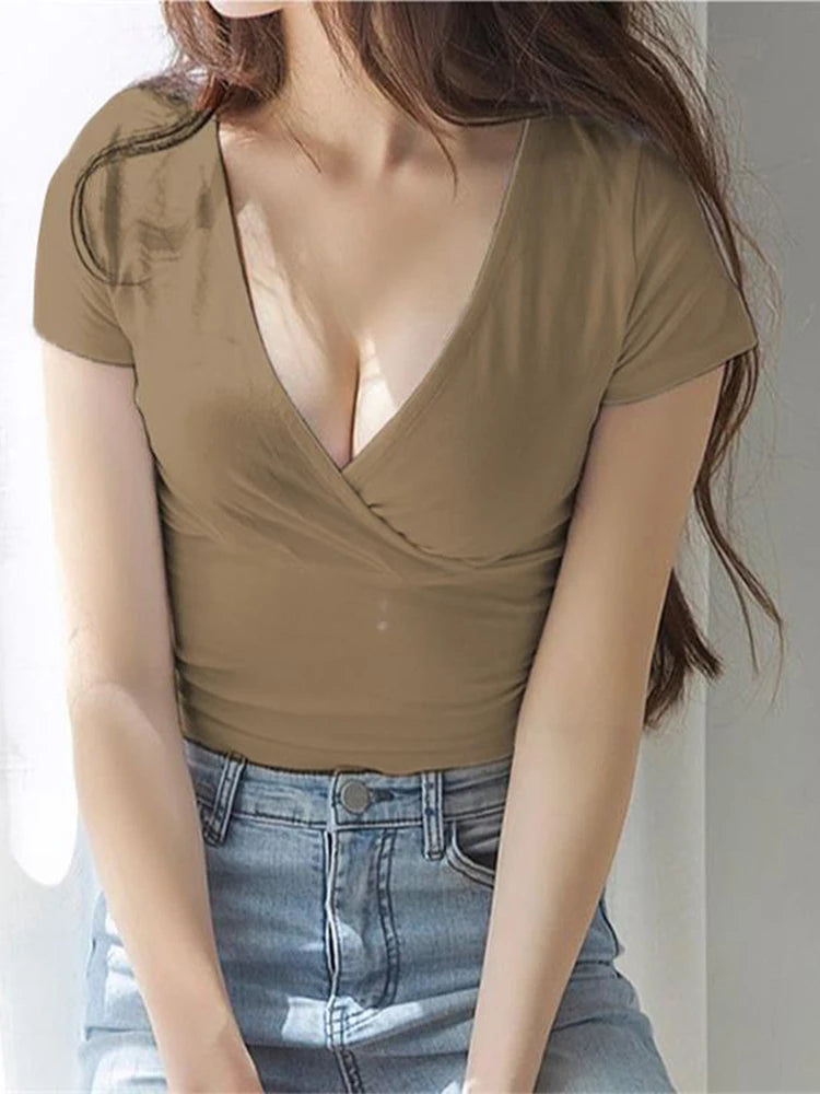 Summer Sexy Women Slim Crop Top Tees T Shirt Low Cut Short Sleeve Solid Female Teenage Girls Femmes T-Shirt Cross Wrap