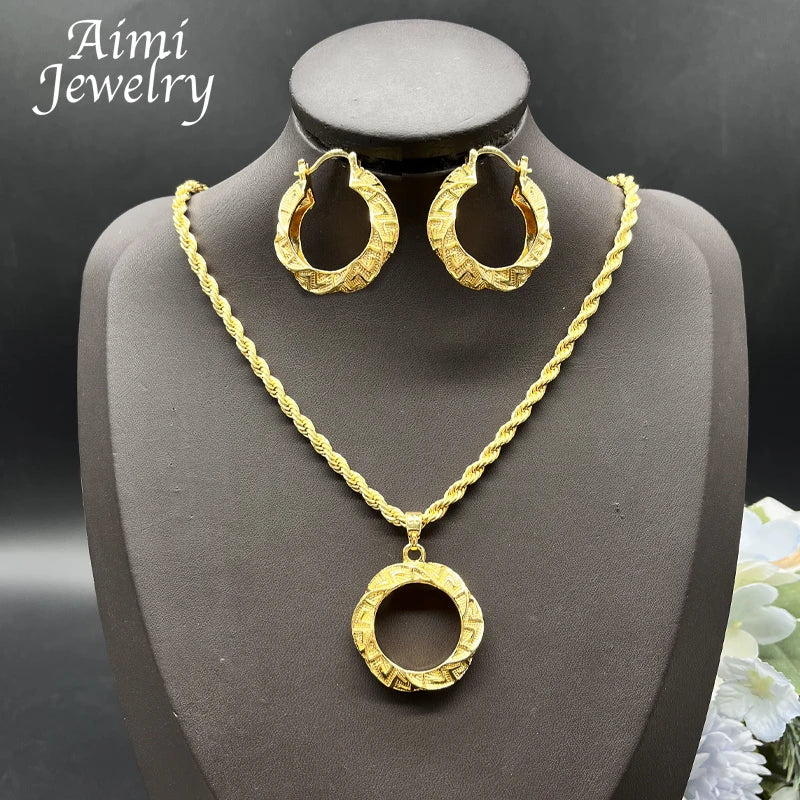 18K Gold Plating Classic Jewelry Set for Women Large Circle Earring Pendant Dubai Trendy Wedding Anniversary Accessories Gift