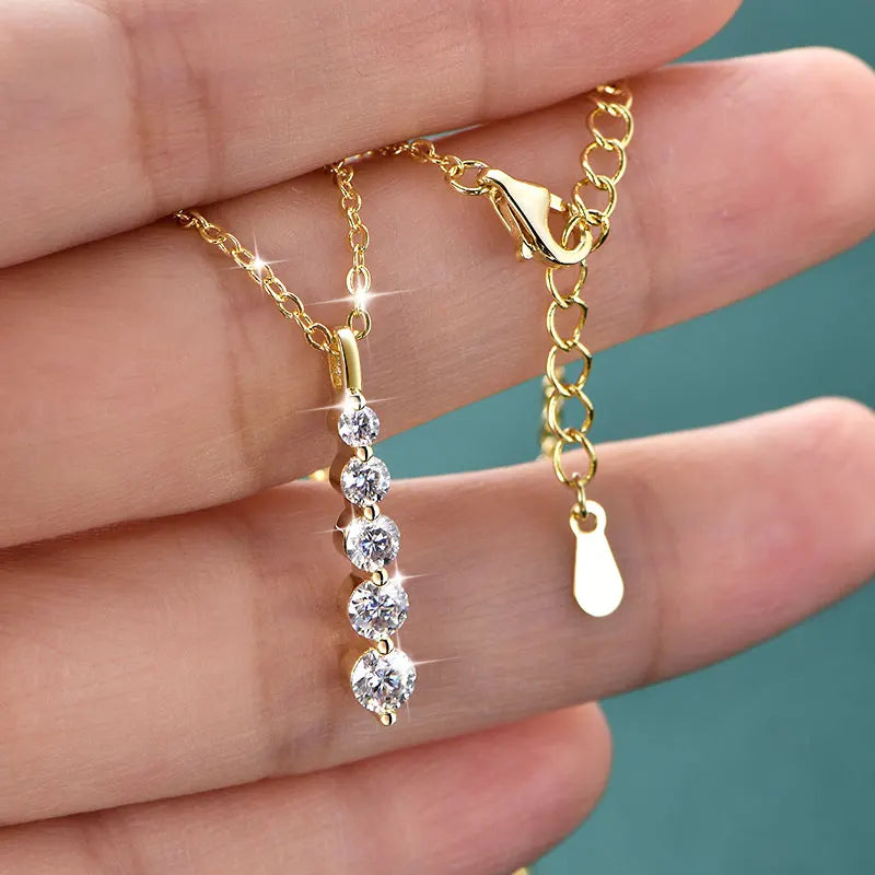 Lnngy Brilliant 5-Stone Moissanite Necklace 14K Gold Filled Long Drop Pendant Necklace for Women Female Jewelry Accessories