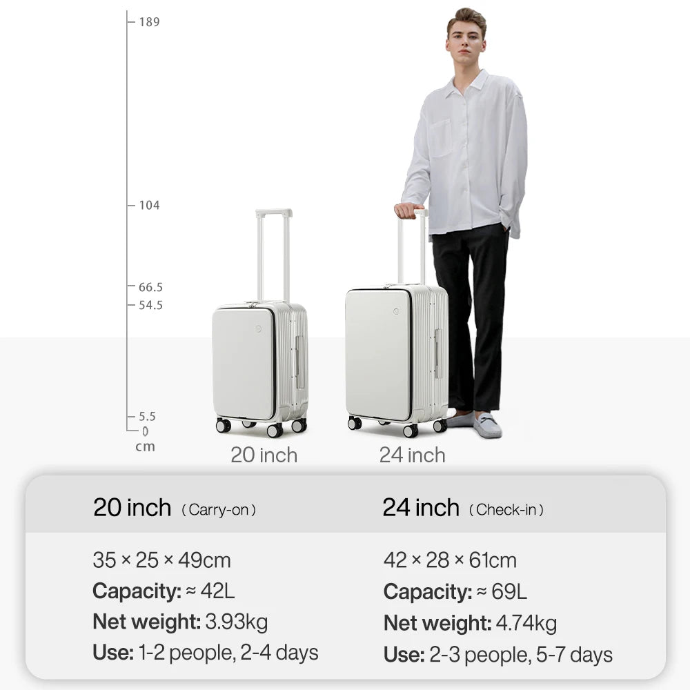 Mixi New Aluminum Frame Suitcase Carry On Rolling Luggage with USB Port Boarding Cabin Cup and Phone Holder 20 24 Inch