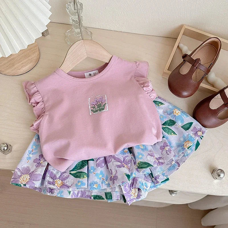 Summer Baby Girls Clothes Cotton Children's Clothing Sets for Kids  Butterfly Sleeve T-Shirts Flowers Print Shorts Two Piece