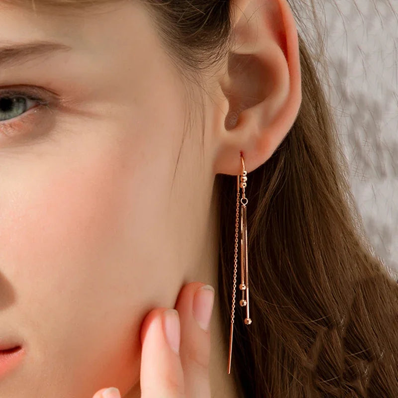 585 purple gold long ear line 14k rose gold geometric round bead fashion soft tassel chain earrings for women luxury jewelry