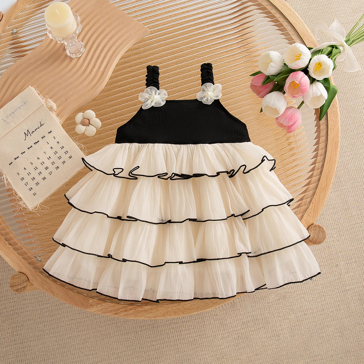 Kids Clothes Toddler Girl Korean Style Dress Elegant Flower Black Knit Cake Dress for Girl Birthday Party Costume