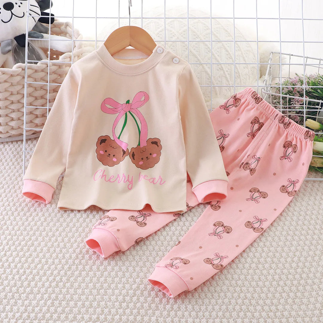 Pink Top Cartoon Design Long Sleeves Long Pants Kid Adorable Girl Pajama Set Children Cozy Night Sleep Unisex Baby Home Clothes
